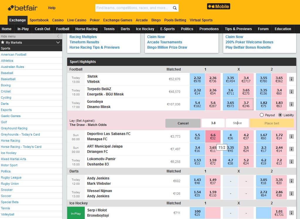 Allgemeine Ansicht der Betfair-Oberfläche vor der Auswahl eines Ereignisses